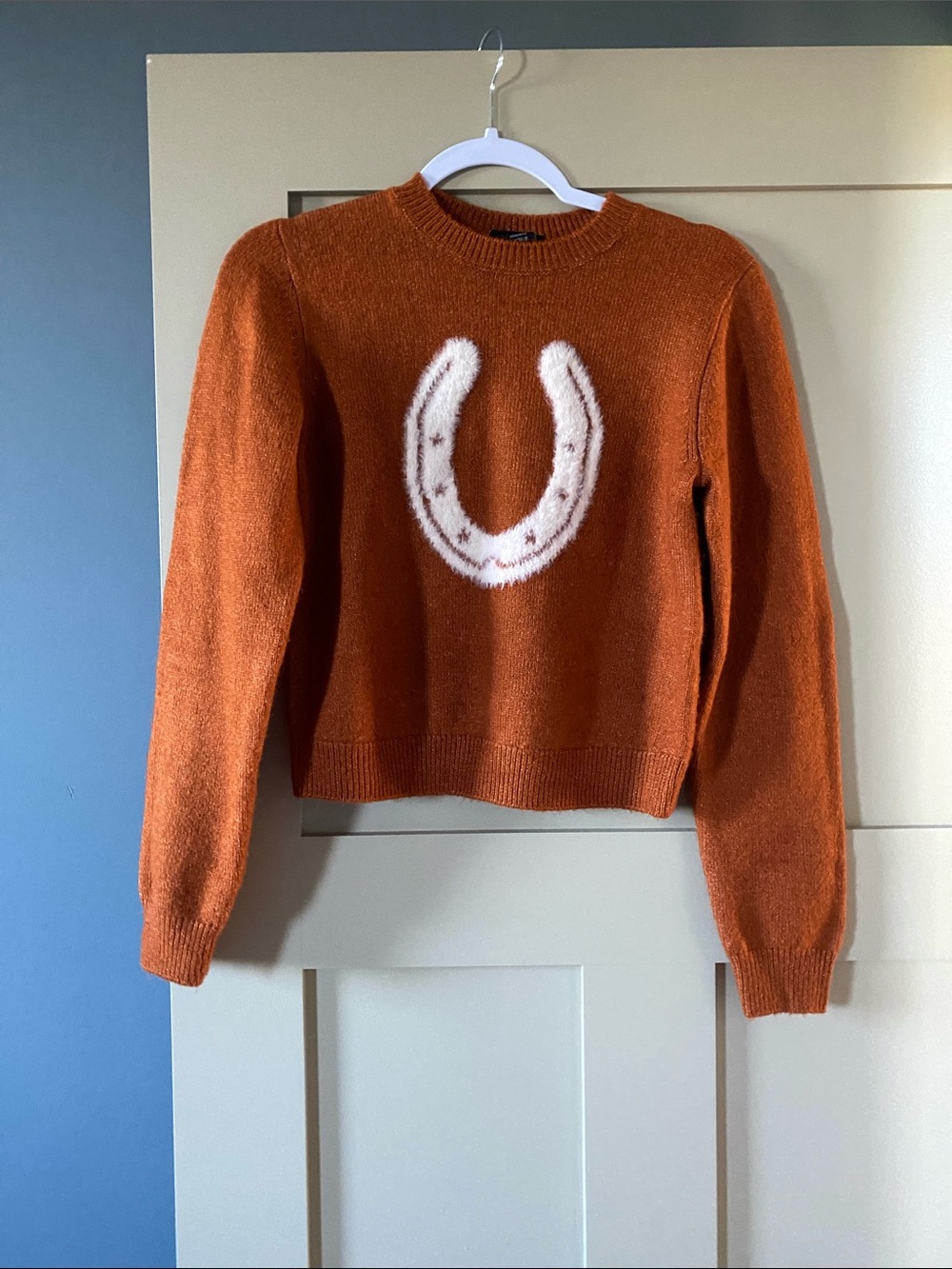 Rust Crewneck Sweater with White Horseshoe Motif